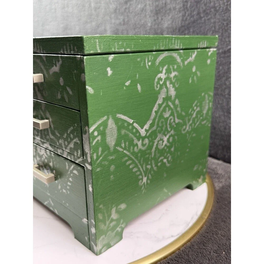 Green Hand Painted Wood Jewelry Box Silver Stencil Mirror Geometric Handmade